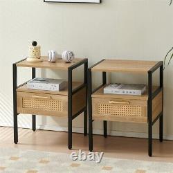Set of 2 Natural Rattan End Tables with Drawer Modern Nightstands