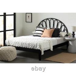 South Shore Hoya Wooden Bed and Rattan Wall-Mounted Headboard Set Queen Black