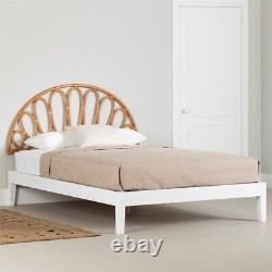 South Shore Hoya Wooden Bed and Rattan Wall-Mounted Headboard Set Queen White