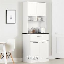 South Shore Myro Pantry Cabinet with Microwave Hutch Faux Black Stone and White