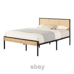Lit plateforme en métal South Shore Hoya avec tête de lit en rotin naturel, taille queen, noir et naturel